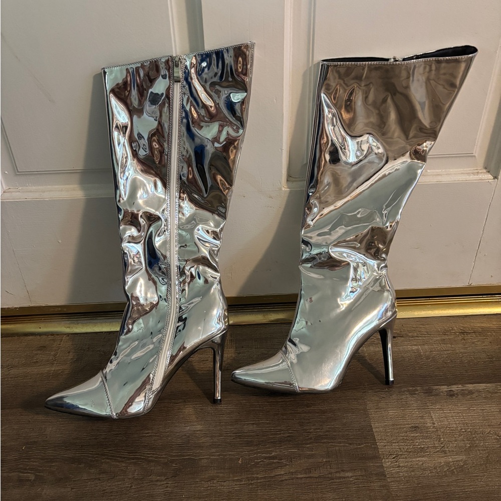 Silver High Heel Knee-High Boots
